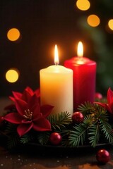 Glittering candlelight illuminates advent wreath, fourth candle lit , gold, candles, hope