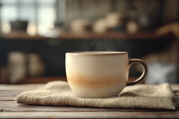 Fototapeta premium Warm ceramic mug resting on a rustic table.