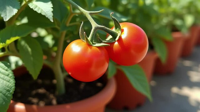 Detailed View of Red Tomatoes Ripening on a Potted Plant Outdoors