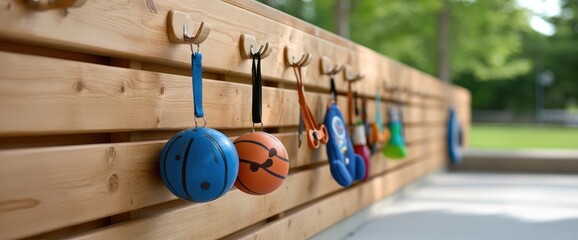 Colorful toys hanging on wooden structure