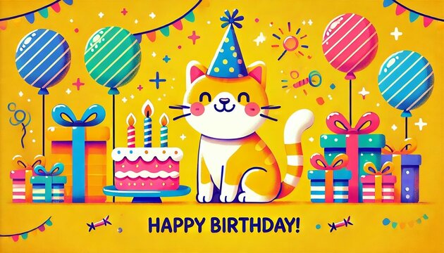 Cheerful Cat on Yellow Background with Birthday Decor