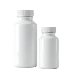 Two white pill bottles against a transparent background - a blank product mockup.