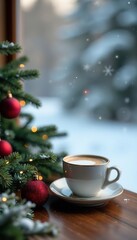 Scenic winter coffee cup and ornament on wood tabletop , warm, marketing