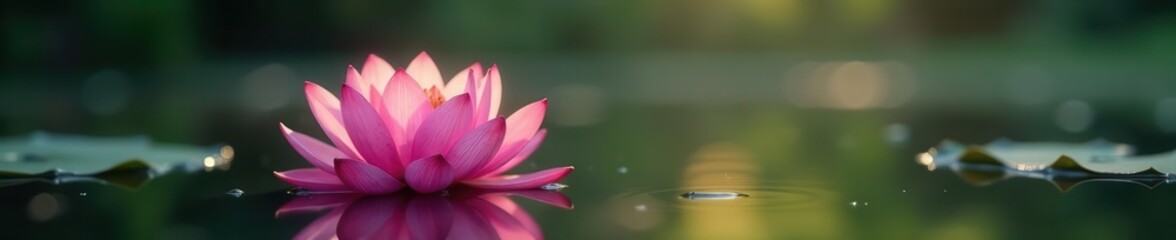 Single pink lotus flower floats on still water, sunlit petals reflecting light , background, peace, serene