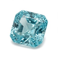 A single oval cut aquamarine gemstone with many facets isolated on a white background casting a shadow