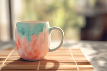 Fototapeta premium A light-colored ceramic mug sits on a bamboo placemat.