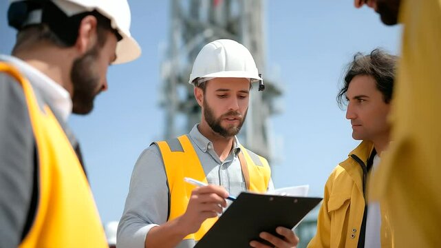 Manager briefing a crew for tower installation in the morning