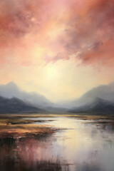 Obraz premium Watercolor landscape painting. Misty scenery, sun in the sky, distant mountains in the background.