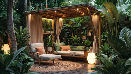 Fototapeta premium Luxurious outdoor lounge area surrounded by lush greenery for relaxation and comfort