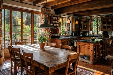 Fototapeta premium Cozy open kitchen with a traditional wooden dinner table, floral curtains, and warm rustic accents 