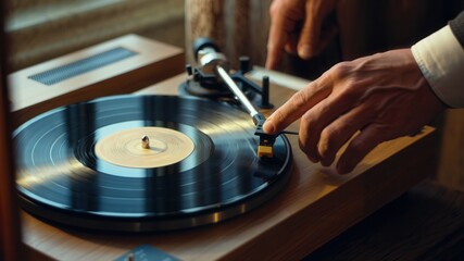 Close-up of hand placing needle on vinyl record for vintage music listening, home relaxation, music lover, and nostalgic moment visuals