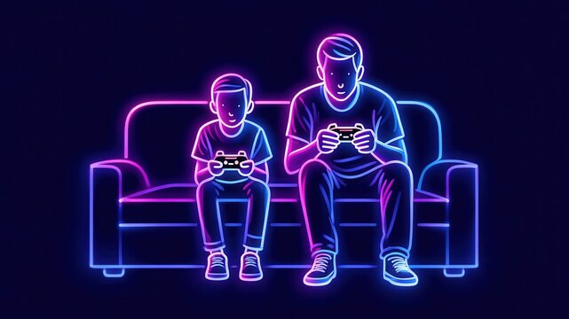 Father and son playing video games on couch in neon outline style with game controllers and glowing lines for parenting themes, Father’s Day, bonding moments, and gaming visuals