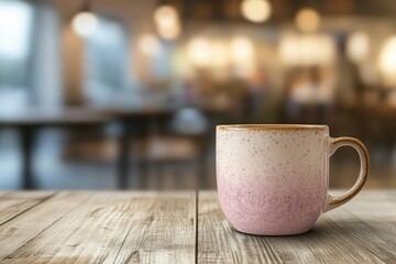 A  pink ceramic mug on a wooden surface, cafe background.