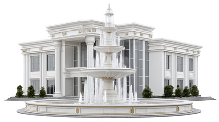 Fototapeta premium Luxury White Mansion with Grand Fountain Stunning Architectural Design isolated on transparent background