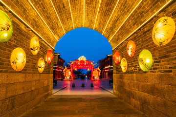 Shanhaiguan Great Wall at night， The word in the photo translates as "Shanhaiguan"