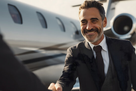 businessman shaking hands in front of a private jet, his face clearly visible and well-lit, confident smile, success vibes