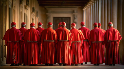 Cardinals in red vestments procession through during conclave for new pope - copy space