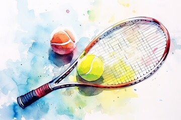 Watercolor-style illustration featuring a tennis racket and ball