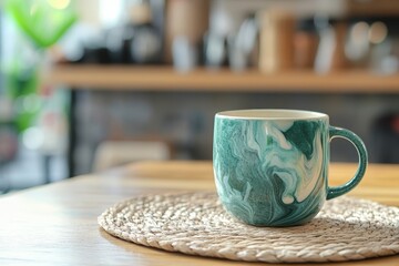 Teal and cream marbled mug on a woven placemat.