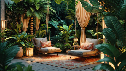 Fototapeta premium Luxurious outdoor patio oasis with lush tropical plants and relaxing seating area