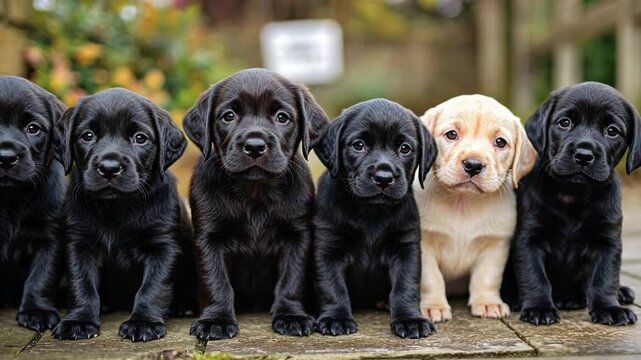 This video showcases a group of charming puppies lined up in a row. Ideal for animal lovers, it beautifully captures their playful demeanor and cute features. Generative AI