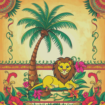 Tropical palm tree and Asian lion horizontal long seamless border. Cute jungle repeat ethnic oriental ornament, hand drawn wild animal under the coconut Indian decorative design. Vector beach print 