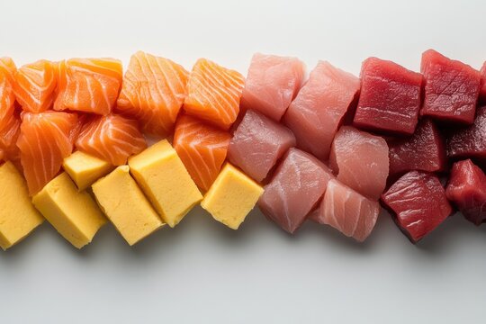 Fresh sushi grade fish and vibrant yellowfish arranged artistically for culinary presentation