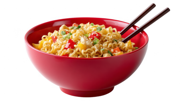 Delicious Chicken Noodles in Red Bowl Asian Cuisine Photography isolated on transparent background