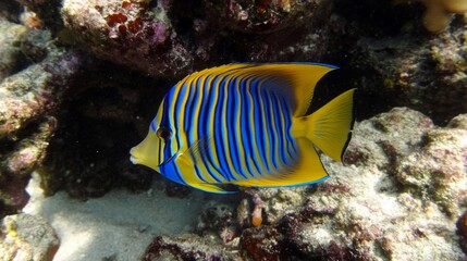 Blue And Yellow Angelfish Swimming In Coral Reef
