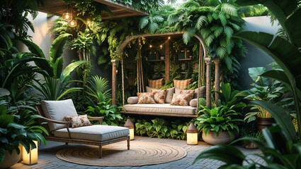 Fototapeta premium Luxurious tropical garden oasis with relaxing swing and lush greenery and elegant furniture