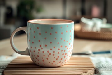 A light teal mug with subtle pink polka dots.