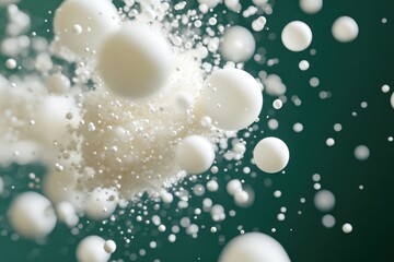 Abstract, white spheres explode in a dark green backdrop.  Many small and large spheres in motion