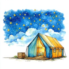 Cozy Canvas Tent Under a Starry Night Sky Watercolor Illustration