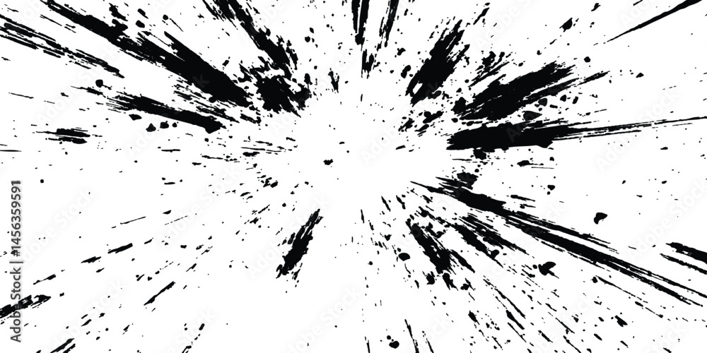 Poster Abstract explosion, radial burst of ink splatter effect. Black ink splatter creates abstract background with dynamic energy. Dynamic charcoal burst explosion, isolated on transparent background. 