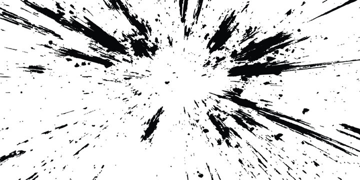 Abstract explosion, radial burst of ink splatter effect. Black ink splatter creates abstract background with dynamic energy. Dynamic charcoal burst explosion, isolated on transparent background. 