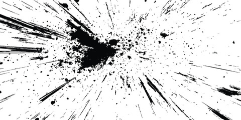 Abstract explosion, radial burst of ink splatter effect. Dynamic manga motion effects with comic-style speed lines, action graphics, and explosive bursts on a clean white backdrop.