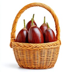 Dark Reddish Brown Fruits in Light Brown Wicker Basket on White Background
