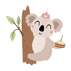 Cute koala clipart, isolated Birthday character. Happy Birthday concept animal, festive hand drawn vector illustration in flat style	