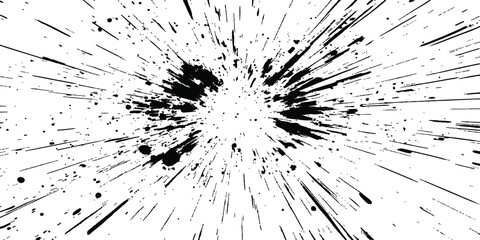 Abstract explosion, radial burst of ink splatter effect. Black ink splatter creates abstract background with dynamic energy. Dynamic charcoal burst explosion, isolated on transparent background. 