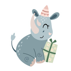 Cute rhinoceros clipart, isolated Birthday character. Jungle, safari, tropical animal hand drawn vector illustration in flat style for greeting card, invitation, education, prints