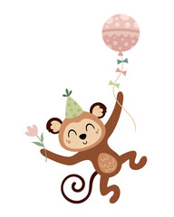Cute monkey clipart, isolated Birthday character. Jungle, safari, tropical animal hand drawn vector illustration in flat style	