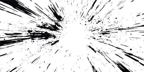 Abstract explosion, radial burst of ink splatter effect. Dynamic manga motion effects with comic-style speed lines, action graphics, and explosive bursts on a clean white backdrop.