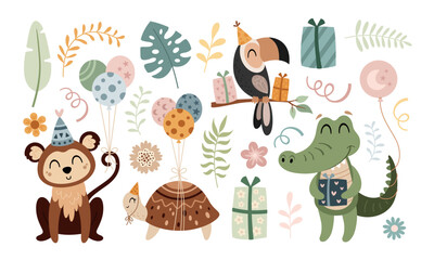 Happy birthday concept animal clipart set. Collection of adorable, jungle, safari, tropical animal design, hand drawn vector illustration in flat style for greeting card, invitation, education, prints