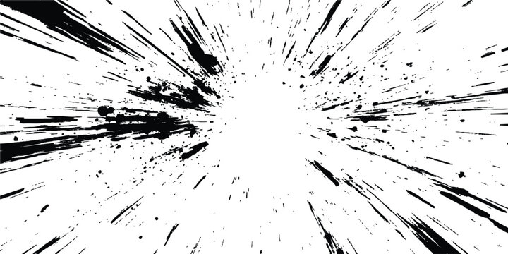 Abstract explosion, radial burst of ink splatter effect. Dynamic manga motion effects with comic-style speed lines, action graphics, and explosive bursts on a clean white backdrop.