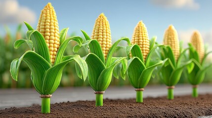 Four Corn Stalks in a Row, Vibrant Yellow and Green, Growing in Dark Soil Against a Bright Sky