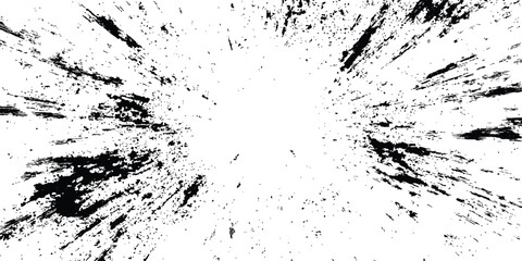 Abstract explosion, radial burst of ink splatter effect. Dynamic manga motion effects with comic-style speed lines, action graphics, and explosive bursts on a clean white backdrop.