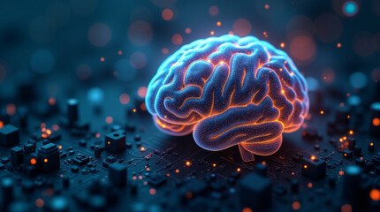 Illustration of artificial intelligence inside a synthetic brain, neural signals firing across complex circuits, futuristic bio-cyber theme, close-up, microphotography