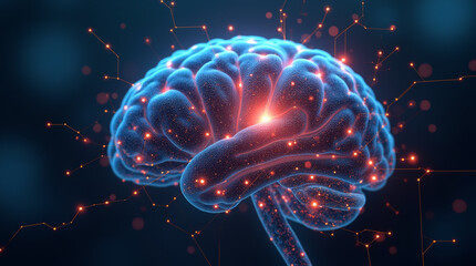 Illustration of artificial intelligence inside a synthetic brain, neural signals firing across complex circuits, futuristic bio-cyber theme, close-up, microphotography