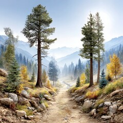 Hiking Trail through Pine Forest with Misty Mountains And Sunlight in Daytime