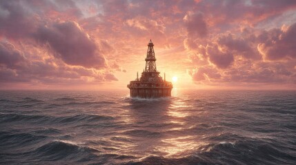 Intricate Tower on Calm Ocean at Sunset